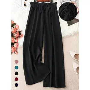 Plus Size Solid Knot Front Elastic Waist Wide Leg Pants, Casual Style Loose Trousers for Daily Wear, Women's Bottoms for Spring & Summer, Womenswear