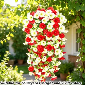 8 Packs Artificial Hanging Flowers, Red White Gradient Morning Glory with Eucalyptus Leaves, Weather Resistant Faux Plants, All Season Indoor Outdoor Hanging Garland, Rustic Decor for Porch, Garden, Wedding, Holiday & Home Decoration,UV resistant
