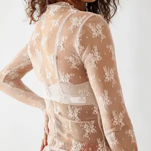 ASPOP Women's lace tops, mesh tops long sleeve lace shirts, sheer mesh high neck lace tops, thumb buckle lace tops