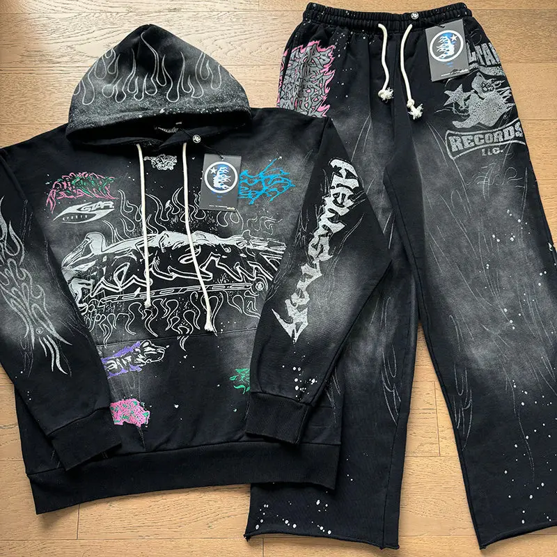 Men's Hellstar Hoodie + Pants Streetwear Outfits, Relaxed-Fit Clothing Set for Casual Wear