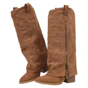 Women's Ankle Boots with Heel Long Shaft Knee High Wide Shaft Leather Boots Autumn Winter Pointed Cowboy Boots for Women Comfortable and Stylish