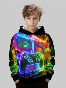 Boys Lightweight Hooded Sweatshirt Pullover, Casual Fitted Design for Fall & Winter Seasons, Vibrant Print Fabric for Daily Wear, Graphic Hoodie