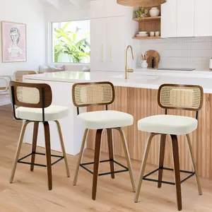 Swivel Counter Height Bar Stools Set of 3, Upholstered Faux Leather Barstools with Rattan Back, 26" Seat Height Bar Chairs for Kitchen Island, Bentwood Wood Frame, Cream White