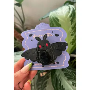 Mothman Barrette - Cute White Acrylic Hair Clip with Iridescent Sheen and Little Bats - French Style Hair Accessory for Fall Style