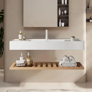 Unique Wall-Mounted 48" W Bathroom Acrylic Sink with Extra Wooden Shelf, Without Faucet