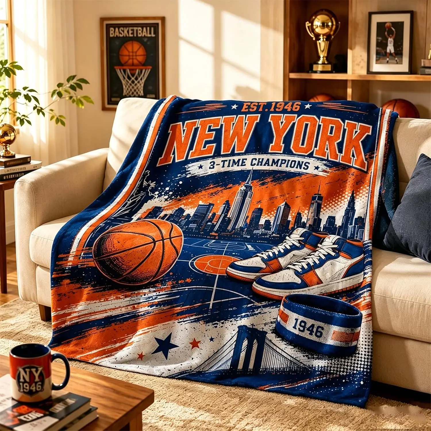 New York Basketball Fleece Throw Blanket - Fleece Fabric, City Sport Print, Fluffy Texture, Sports Theme, Cozy Couch/Bed Decor Gift for Fans