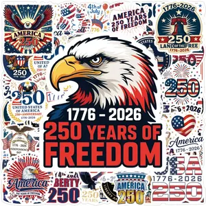 America 250th Anniversary Sticker Pack - 55pcs Patriotic Waterproof Decals