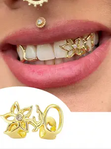 1Pcs Gold Teeth Grillz for Women, Hollow Gold Floral Cherry Tooth Caps Silver Grills for Your Teeth 14K Gold plated Jewelry for Cosplay Fashion Extra Molding Bar Tooth Gem