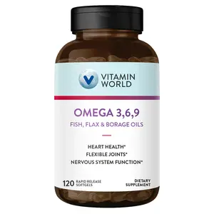 Vitamin World Triple Omega 3-6-9 3000mg with Fish, Flax, Borage & Evening Primrose Oils, Omega-3 Fatty Acids with EPA & DHA, Supports Heart, Brain & Immune Health, Gluten Free, 120 Softgels