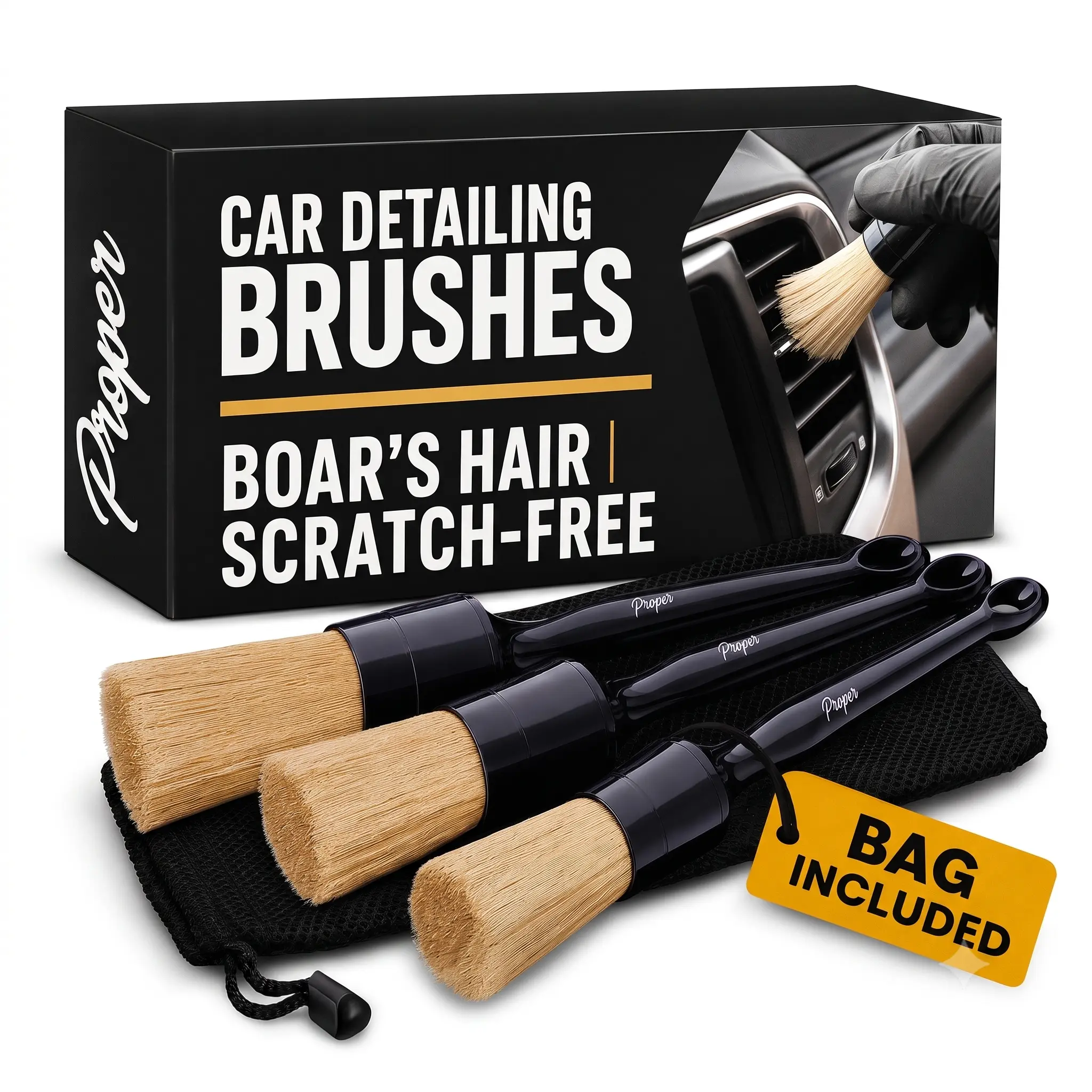 Car Detailing Brushes,  3-Pack Boars Hair Brushes for Cars, Trucks, RV's - Versatile Use Automotive & Motorcycle Car Washing Maintenance Accessories