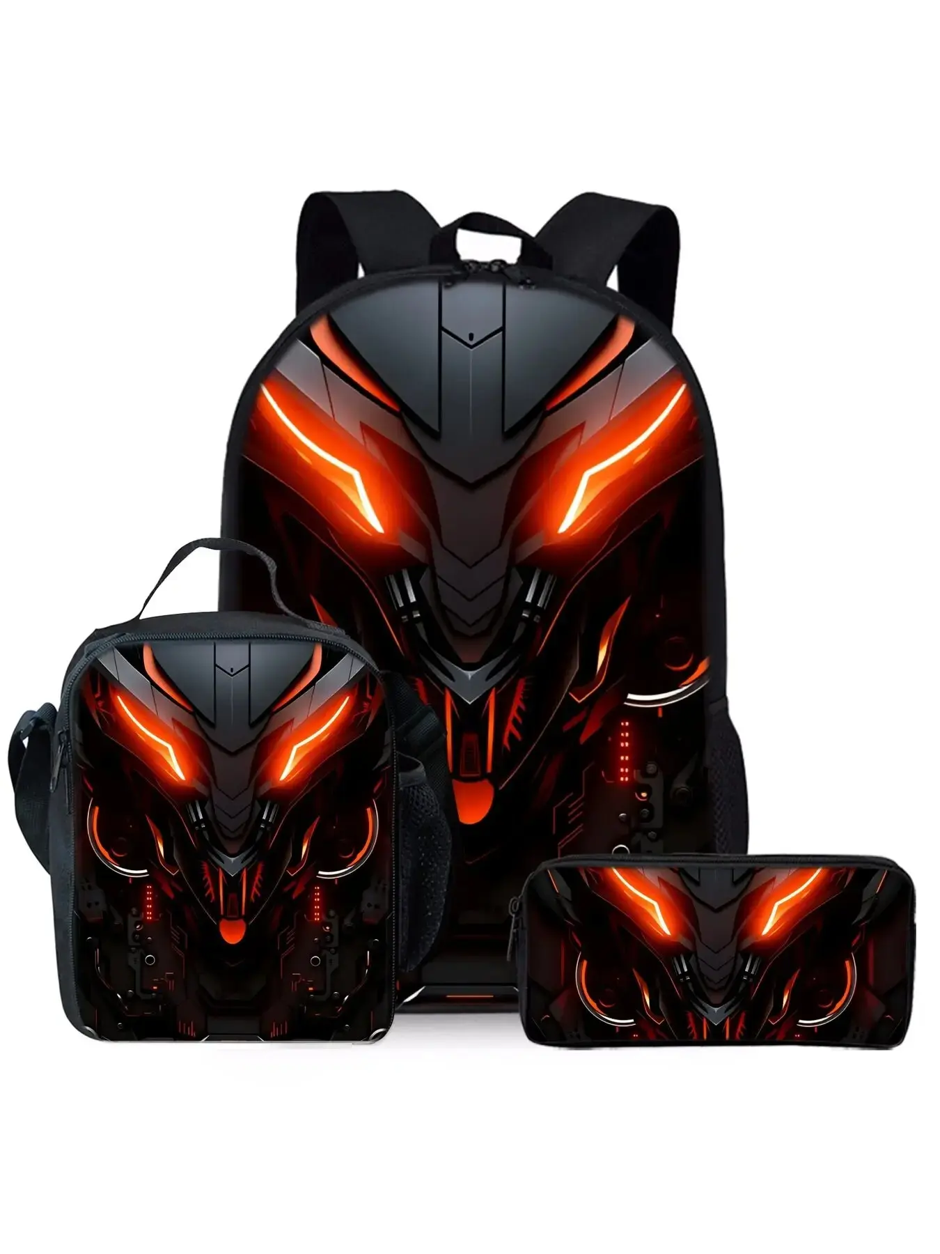 3-Piece Mechanical Robot Backpack Set - Polyester Geek Book Sack with Lunch Box & Pencil Case for Boys & Teens, Geek Bag, Childrens Bag, Camping, Complete 3-In-1 System, Epic Mechanical Design, Tech Print, Synthetic