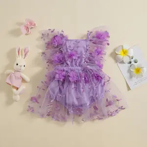 Newborn Baby Girls 3D Flower Tutu Romper Dress Summer Fly Sleeve Square Neck Lace Tulle Princess Birthday Party Dresses