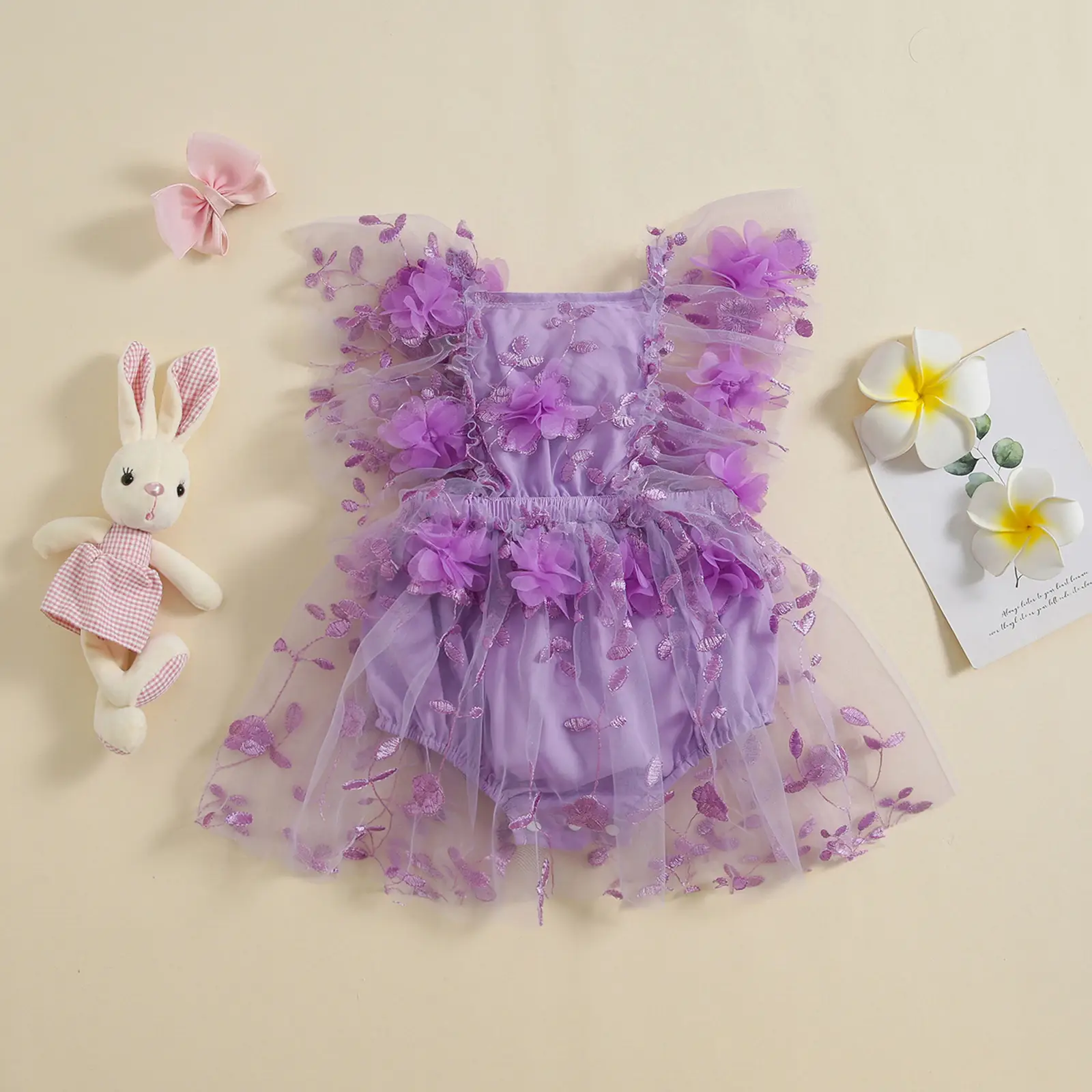 Newborn Baby Girls 3D Flower Tutu Romper Dress Summer Fly Sleeve Square Neck Lace Tulle Princess Birthday Party Dresses