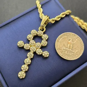 MaxBling81 Iced Egypt Ankh Cross Gold-Plated Charm Pendant Necklace - Hip Hop Style Costume Jewelry with 5mm, 30" Rope Chain