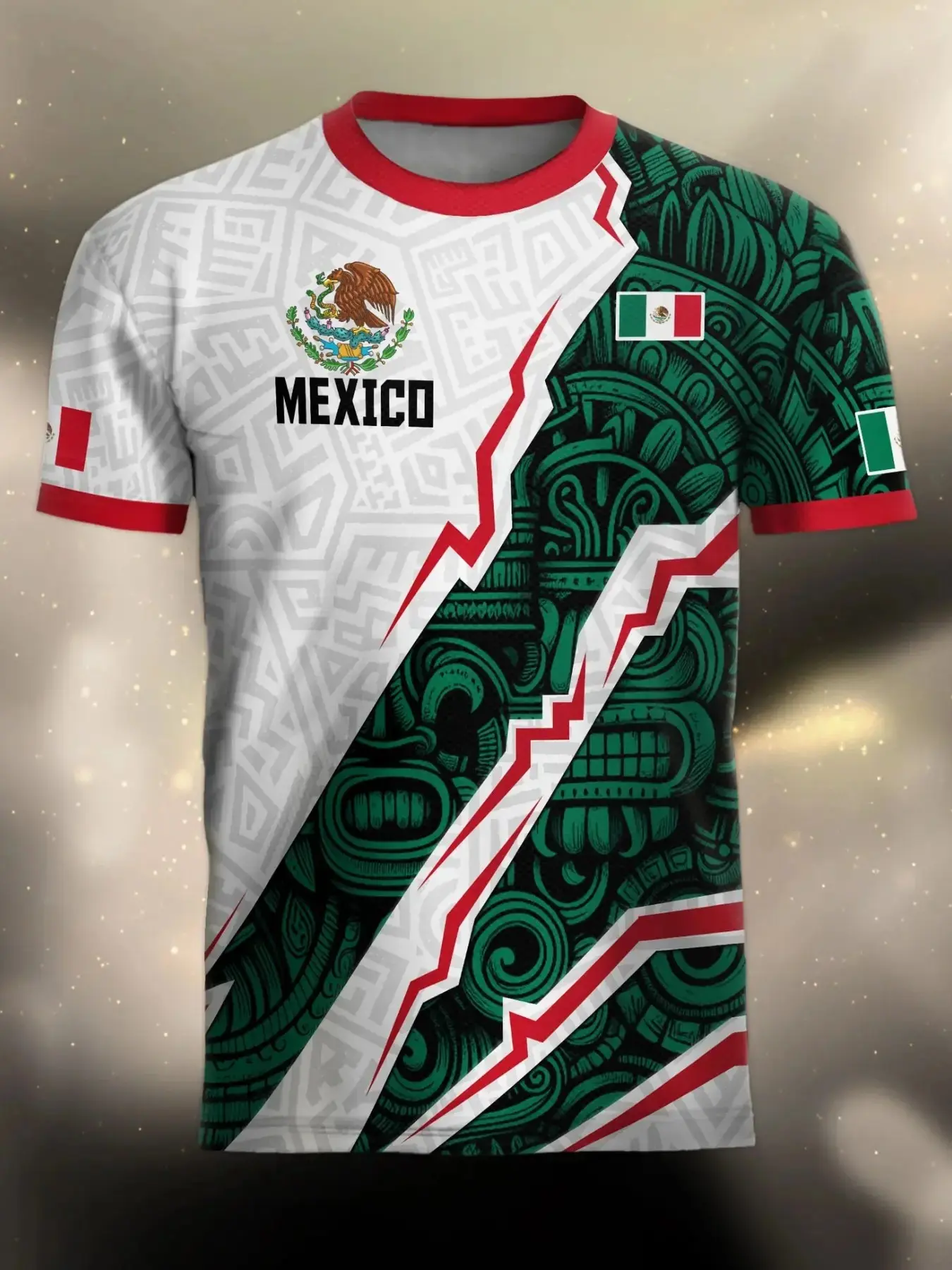 Mexican Style Aztec Print Short-Sleeve Jersey, Mexican Flag Theme Sports T-Shirt, Slim-Fit Lightweight Top, Casual Sportswear, Activewear T Shirt, Casual Workout Shirts