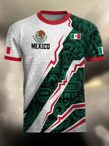 Mexican Style Jersey Aztec Totem Print Short Sleeve, Mexican Flag Theme Sports T-Shirt, Casual Slim-Fitting Unlined Top, Casual Sportswear