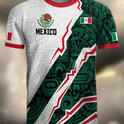 Mexican Style Aztec Print Short-Sleeve Jersey, Mexican Flag Theme Sports T-Shirt, Slim-Fit Lightweight Top, Casual Athletic Top, Casual Sportswear, Activewear T Shirt