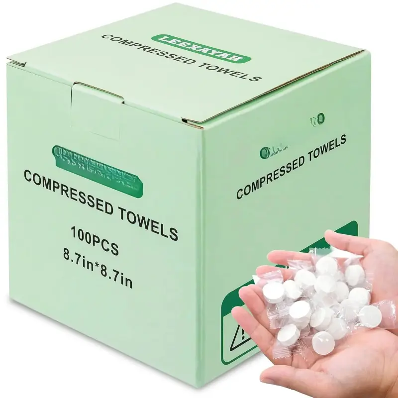 100-Count Portable Compressed Towel Tablets - Lightweight, Comfortable, Non-Woven, Durable Compressed Tissue, Individually Wrapped Disposable Face Towelettes, Multi-Purpose Home & Bathroom Supplies for Camping, Kitchen Use