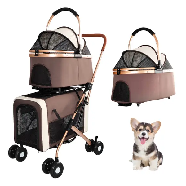 Double Pet Stroller for Small & Medium Dogs and Cats, 3-in-1 Foldable Pet Stroller with Detachable Carrier, Shockproof Wheels, Safety Leashes & Rear Brake, Multi-Pet Travel Cart
