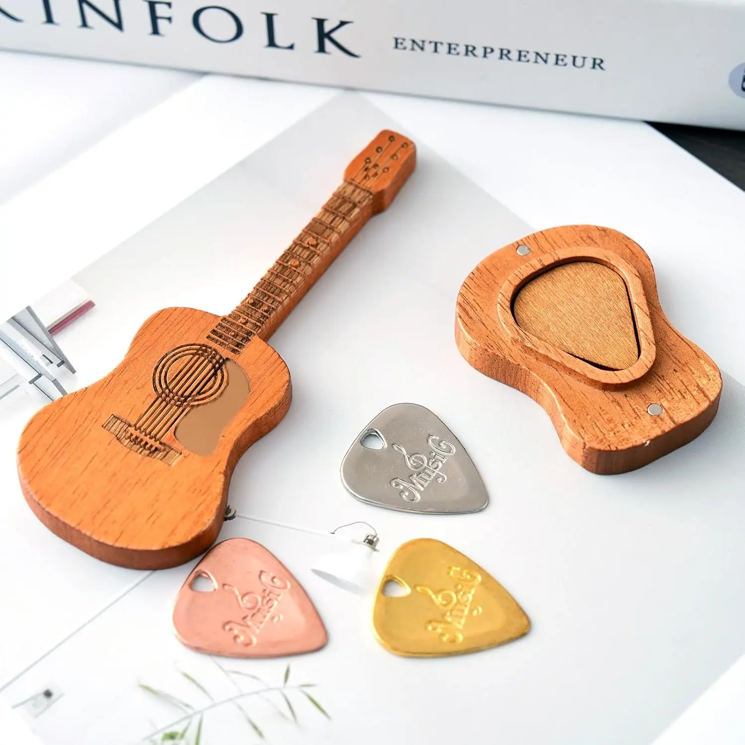 Wooden Guitar Pick Box with Stand,6PCS  Guitar Picks Guitar Pick Holder Box,Musician Engraved Wooden Plectrum Case,Acoustic Guitar Box for Electric Bass Guitar Ukulele Lover, few, WF-03