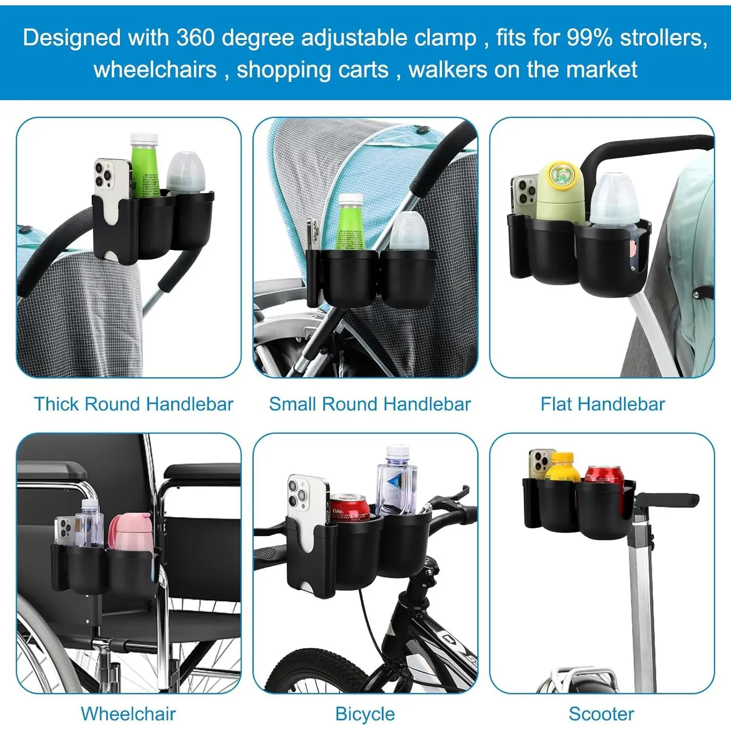 Stroller Cup Holder with Phone Holder, Bike Cup Holder, Universal Cup Holder for Uppababy Nuna Doona Strollers, 2-in-1 Cup Phone Holder for Stroller Bike Wheelchair Walker Accessory Stroller Cup Holder with Phone Holder, Bike Cup Holder, Universal Cup Holder for Uppababy Nuna Doona Strollers, 2-in-1 Cup Phone Holder for Stroller Bike Wheelchair Walker Accessory