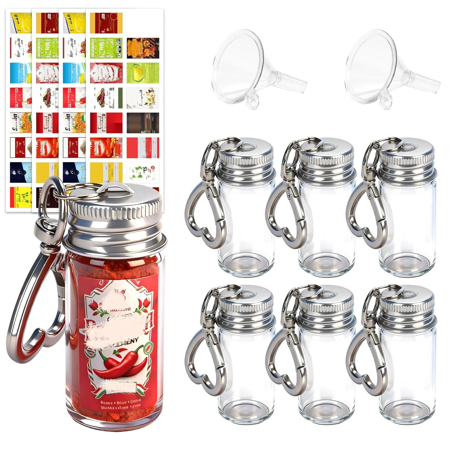 Mini Seasoning Keychain Bottle Set, 6 Pcs Empty Spice Jar with Mini Funnels & DIY Stickers of 30 Styles, On-the-Go Airtight Keychain Holders for Travel, Outdoors, Lunchboxes, Camping, 6+2+4 Total.