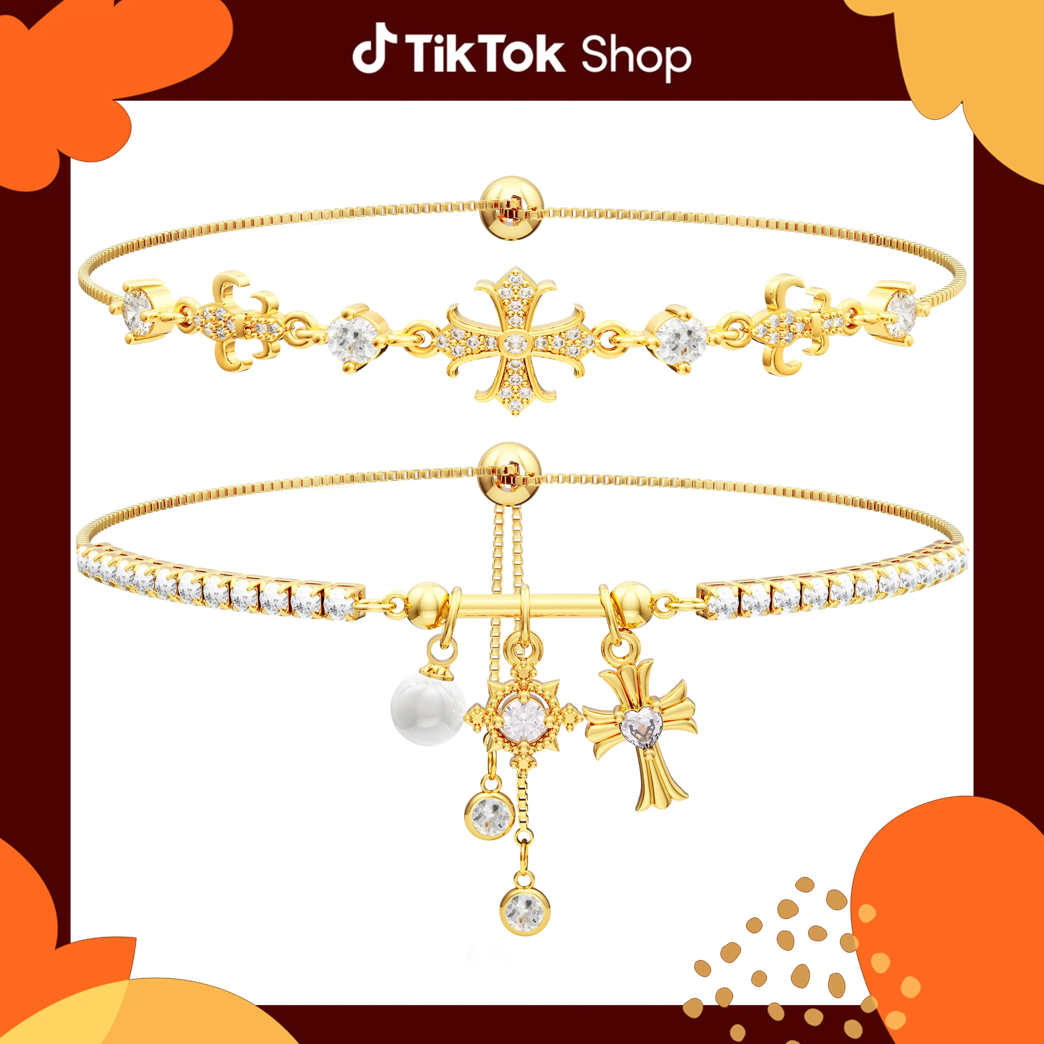 GANIA Double Bracelets for Women, Snowflake Cross Adjustable Double Layered Bracelets Sparkle Jewelry Set for Mother's Day Gifts Valentine Wedding Bi