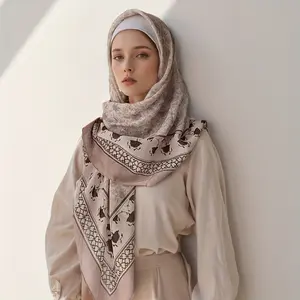 [Floral Square Scarf] Floral Print Women's Square Scarf |   1pc Wave Bali Yarn Muslim Headscarf