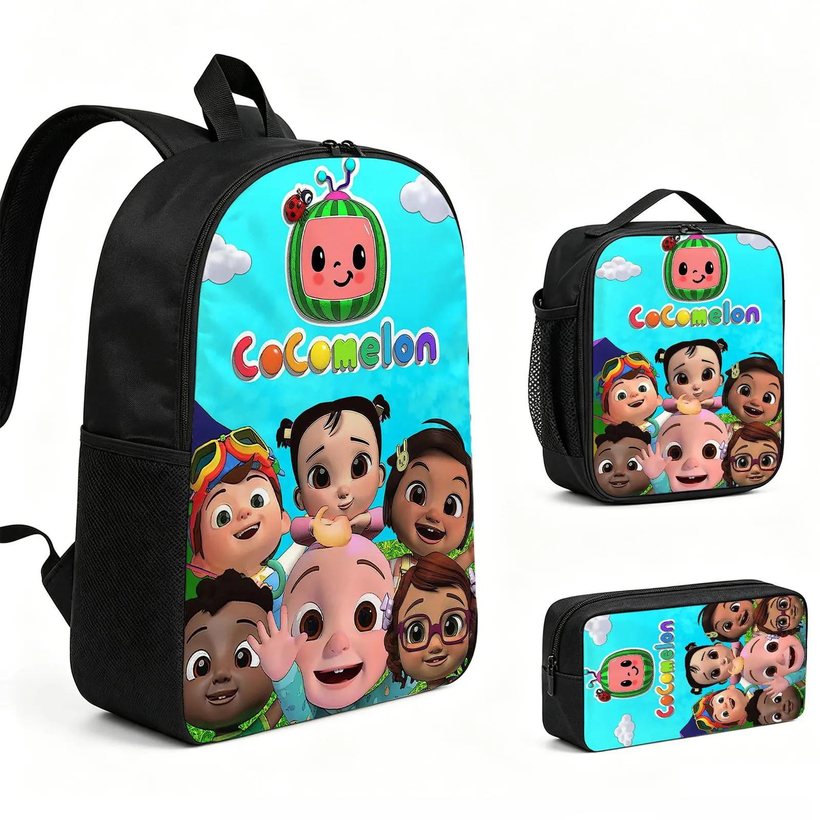 Cocomelon  Backpack 3pcs Set with Vibrant Print, Durable School Bookbag with Insulated Lunch Tote and Pencil Bag for Teens Boys Girls, Multi-Functional Laptop Travel Daypack Gift for Kids L-23
