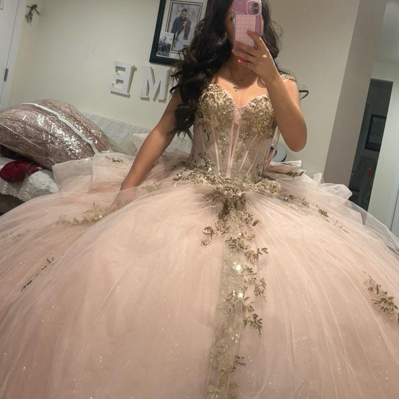 Pink Quincenera Dress with Gold Embroidery and Tulle Skirt for Special Occasions