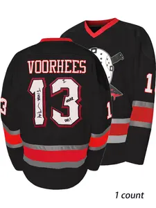 Men's Embroidered Hockey Jersey, Casual Daily Sportswear, Micro Stretch V-Neck, Loose-Fitting, All Seasons, Figure Pattern Style, Ice Hockey Sweatshirt