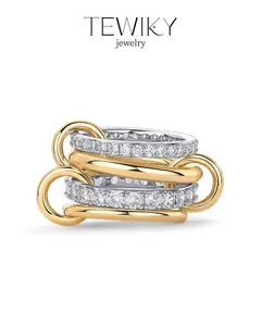 Women's Interlocked Stackable Rings - Fashion Female Daily Statement Jewelry, Mixed Metals Cubic Zirconia Multi Ring Set for Black Friday, Christmas