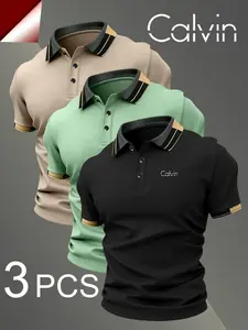 Men's Classic Calvin Logo Print Polo Shirt Set, Breathable Business Casual Sports Leisure Top, Four Seasons Wear, Inner Layer Option