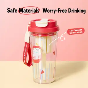 MINISO Apple Puppy Series Double-Straw Plastic Water Bottle, Cute Portable Kitchenware Drinkware for Kids, Travel, Water Bottles