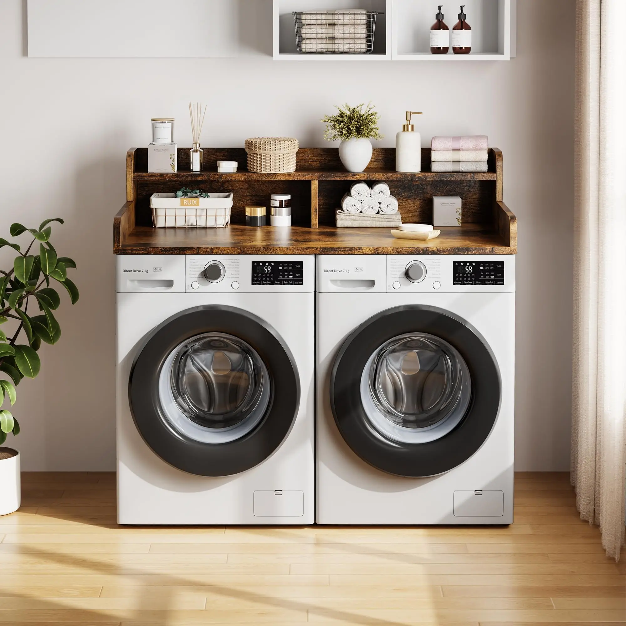 2-Tier Laundry Countertop, 137x70cm, Sturdy MDF Top with Shelf, Multifunctional Laundry Room Organizer