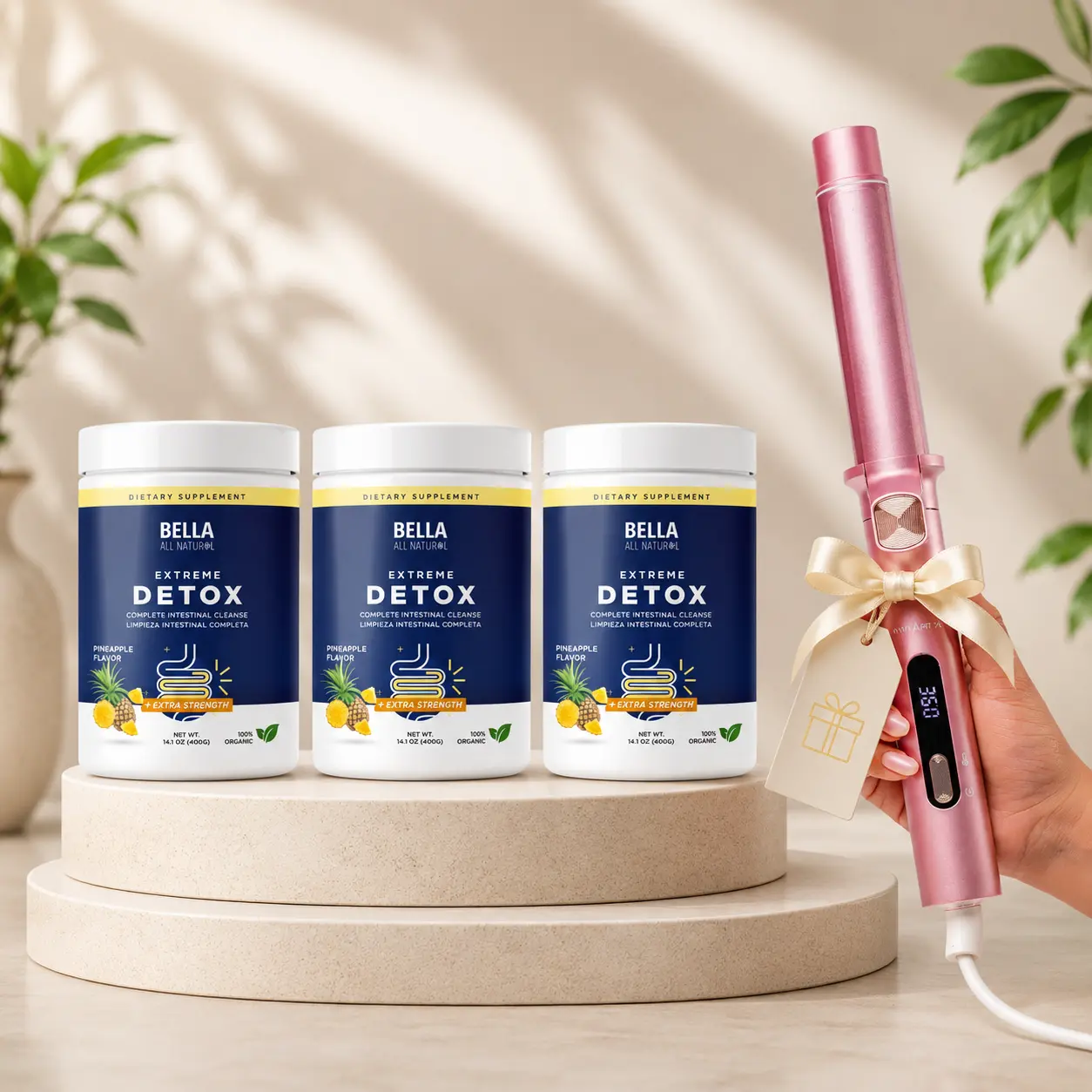 Bella All Natural Detox & Style Bundle: Extreme Detox Pineapple 3-Pack + Free Pink Curling Wand