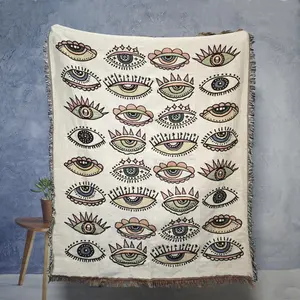 Eye Pattern Tassel Decor Throw Blanket, Boho Style Soft Warm Napping Blanket, Cool Bedroom Bedding Blankets for Home Office Travel Dormitory Sofa
