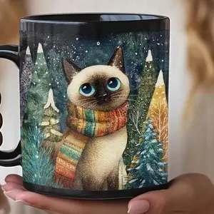 Siamese Cat with Scarf, Holiday Coffee Cup Gift, Cat Lover Mug, Winter Theme Tea Mug, Pet Owner Gift, Siamese Cat