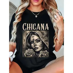 100% Cotton Unisex Chicana Chola Style Lowrider Clothes Print T-Shirt, Mexican American Latina Cultural Graphic Tee, Casual Crew Neck Short Sleeve Top For Daily Streetwear