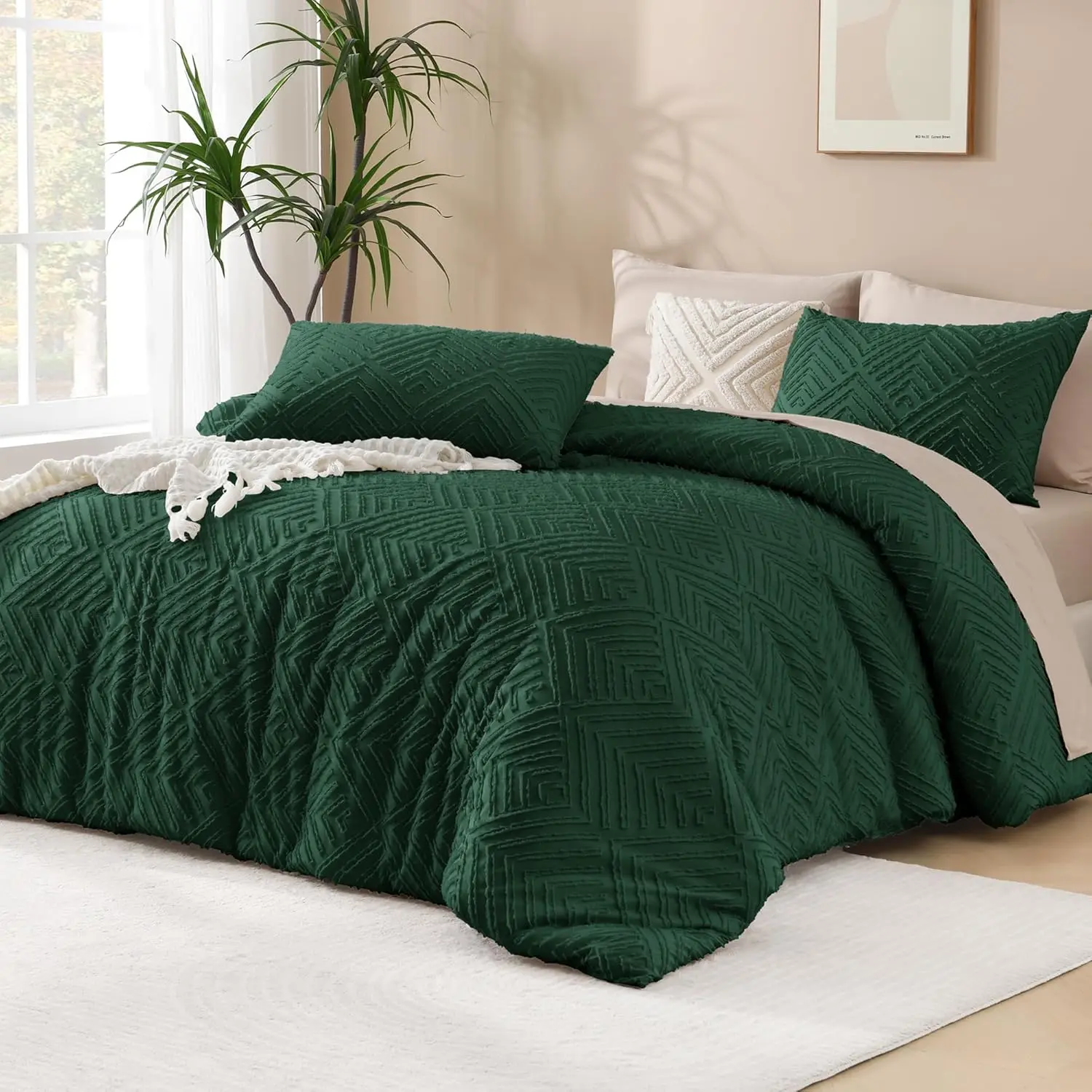 Dark Emerald Green Comforter Full Size, 3 Pieces Boho Lightweight Bedding Comforter Set for Full Bed, Forest Green Tufted Bed Set for All (1 Comforter 79x90In, 2 Pillowcases)