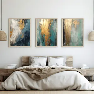 Gold Blue Teal Wall Art Set of 3, Abstract Gold Prints, Gold Bedroom Art, Modern Gold Wall Art Set, Unframed Wall Art Printable, Luxury Art