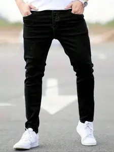 Men's Fitted Casual Solid Color Jeans, Elastic Straight Leg Pants with Slant Pockets, Soft Cotton Fabric for All Seasons, Menswear
