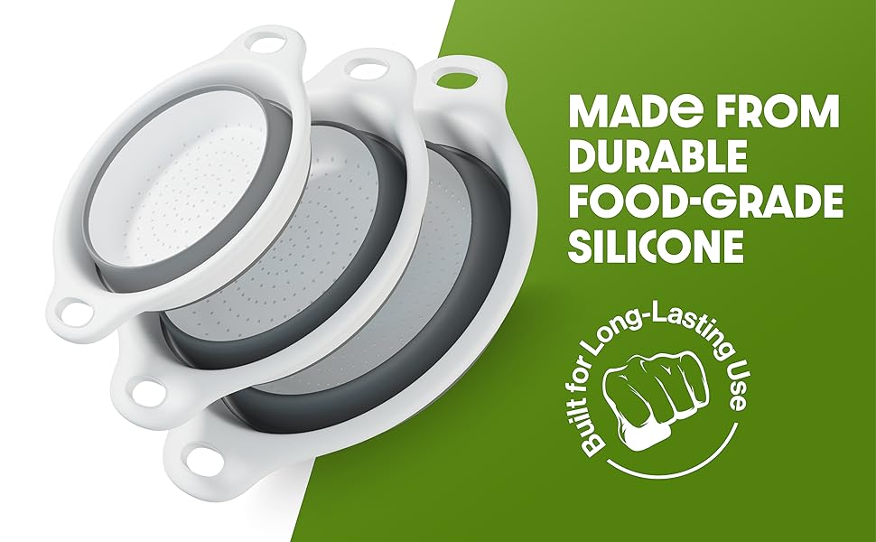 Three collapsible kitchen colanders