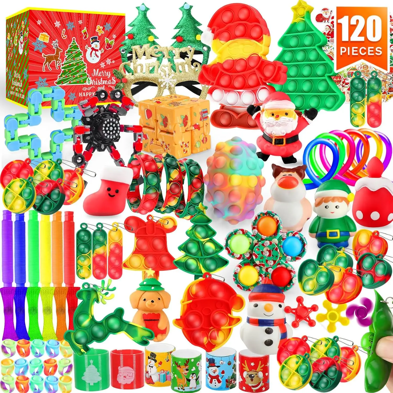 Fidget Toys Set 120 Pack Christmas Party Favors Bulk for Kids & Adults Mini Keychain Sensory Toys Push Bubble Pops Stress Relief Classroom Prizes Goodie Bag Fillers Stocking Stuffers