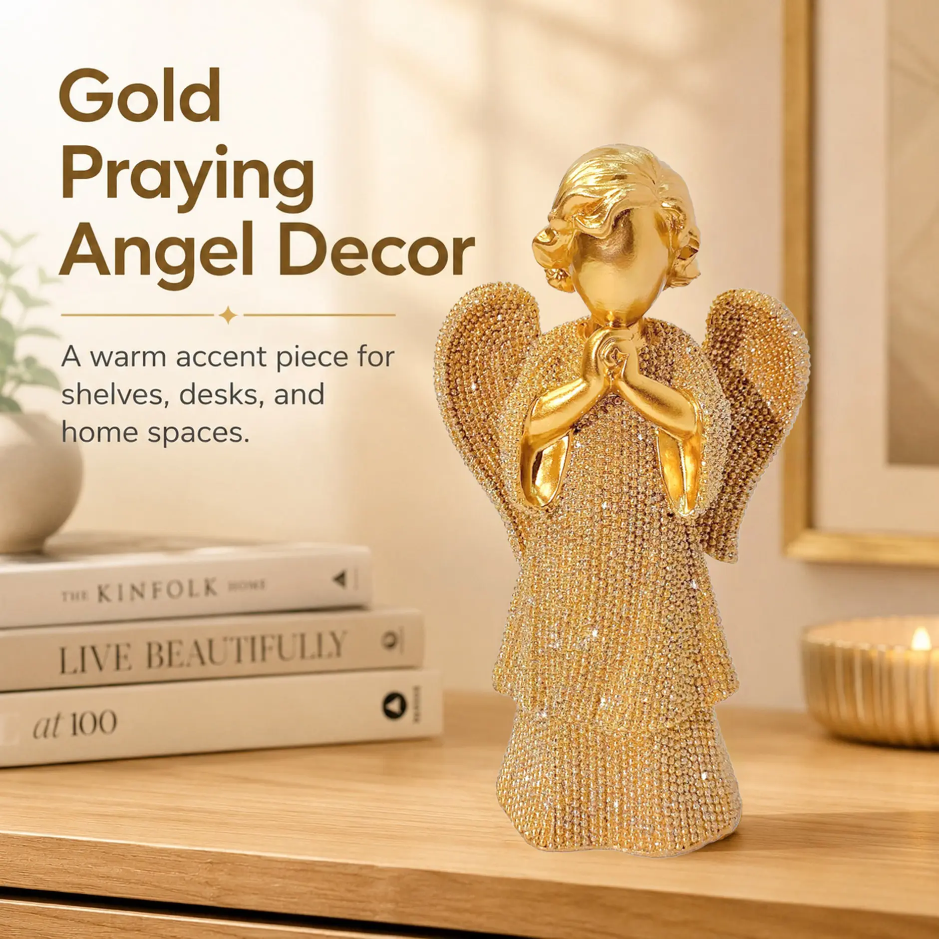 MOTIAHOOM Gold Praying Angel Figurine, Sparkling Resin Guardian Angel Fairy Statue with Glitter Finish, 6.3 Inch Shelf Desk Decor, Sympathy Memorial Christmas Gift