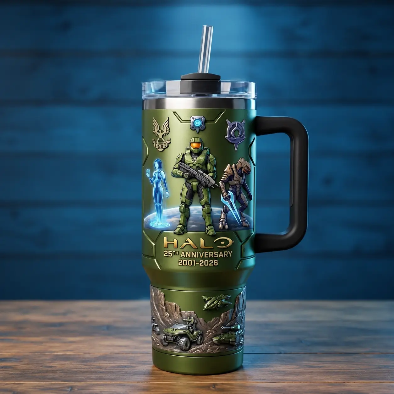 Halo 25th Anniversary Tumbler with Handle, Master Chief 40oz Insulated Travel Mug, UNSC Cortana Arbiter Game Timeline Design, Sci-Fi Gaming Merchandise, Stainless Steel Coffee Cup, Retro Video Game Collectible Birthday Gift for Men Gamers