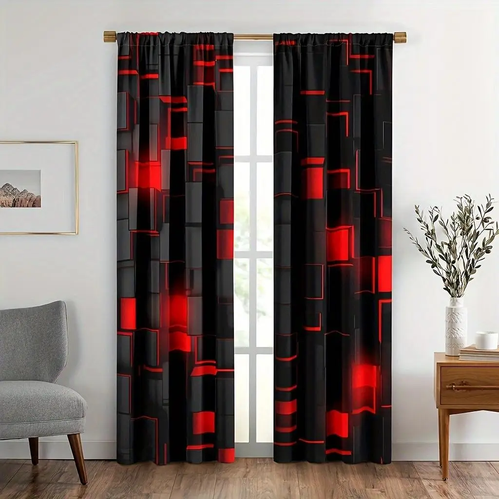 Geometric Print Curtain (2 Counts), Blackout Curtain, Window Curtain, Home Decor, Bedroom Accessories, Bedroom Refresh Decor, Interior Decoration Acce
