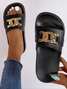 Women's Fashion Glossy Buckle Sandals, Lightweight Comfortable Bedroom Slippers, Summer Slide Slippers, Casual Versatile Beach Shoes, Elegant Eva Sole Design, Double Strap Slides, Buckle Decorated Slippers