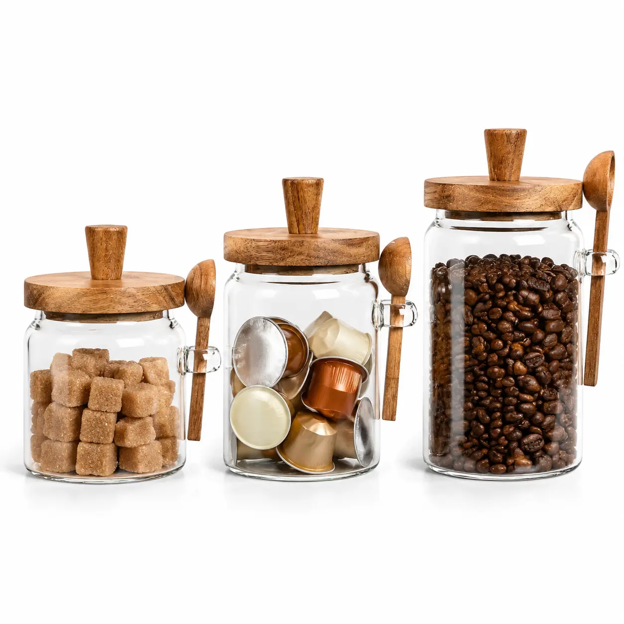 Kitchen Clear Glass Storage Jars Set - 3-Piece Wide-Mouth Containers with Wooden Sealing Lids, Spoons (25/18.5/15oz) - Ideal for Coffee, Tea Storage; Individual Purchase Available