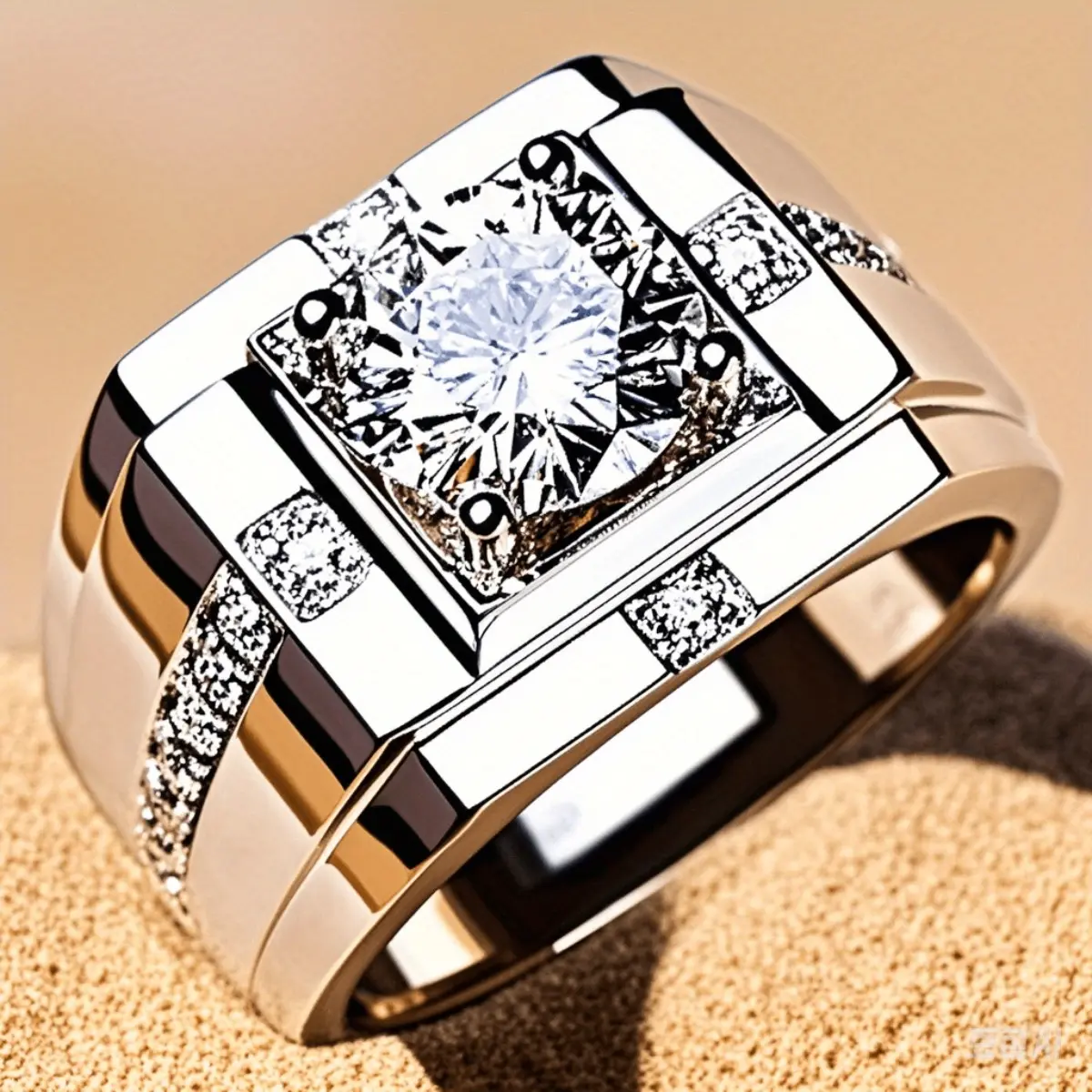 Men's Simple Elegant Business Geometric Square Stainless Steel Artificial Zircon Ring with Metal Coating - Men's Accessories for Weddings, Gifts, Geometric Design Ring, Stainless Steel Rings